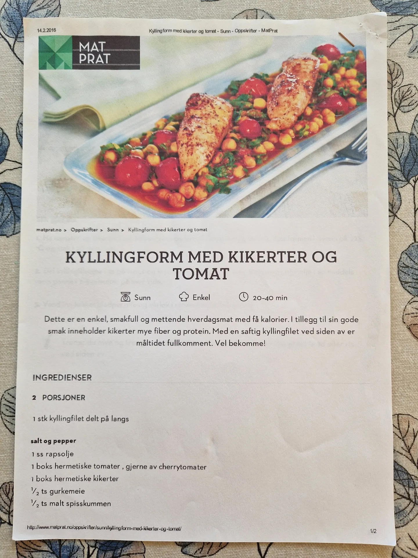Bilde (1) av oppskrift for Kyllingform med kikerter og tomat
