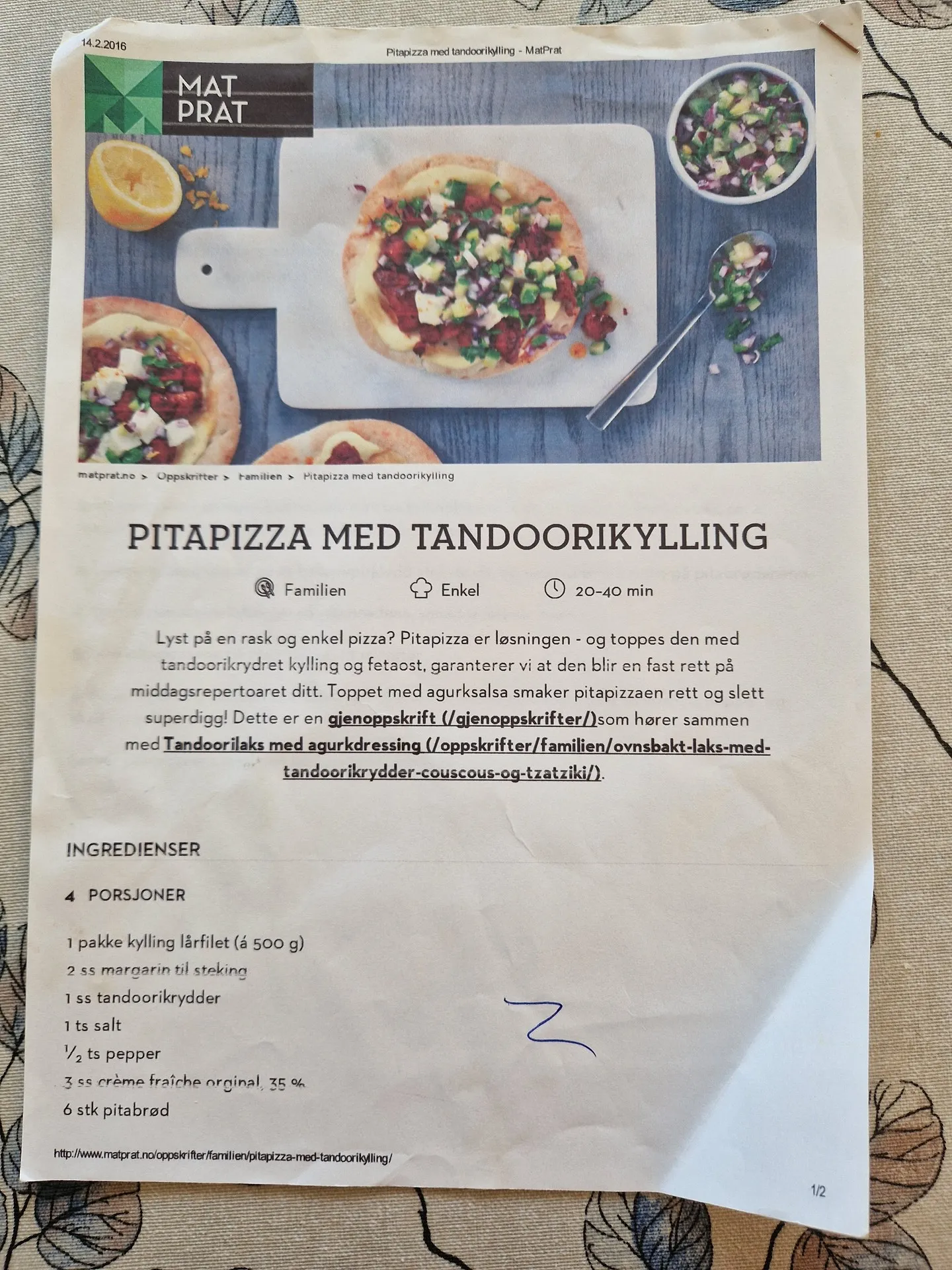Bilde (0) av oppskrift for Pitapizza med tandoorikylling